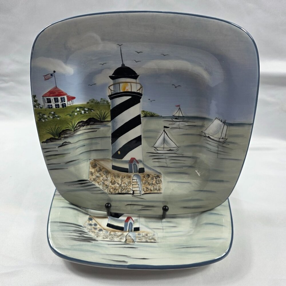 TWO Sakura Nantucket Shoreline Square Salad Plates Lighthouses, Birds Grass